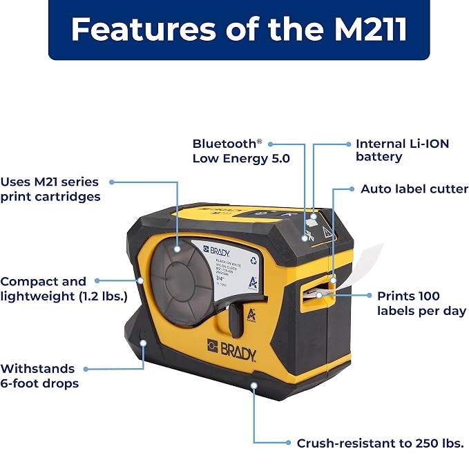 طابعة ملصقات Brady M211 المحمولة بتقنية البلوتوث طابعة ملصقات Brady M211 المحمولة بتقنية البلوتوث